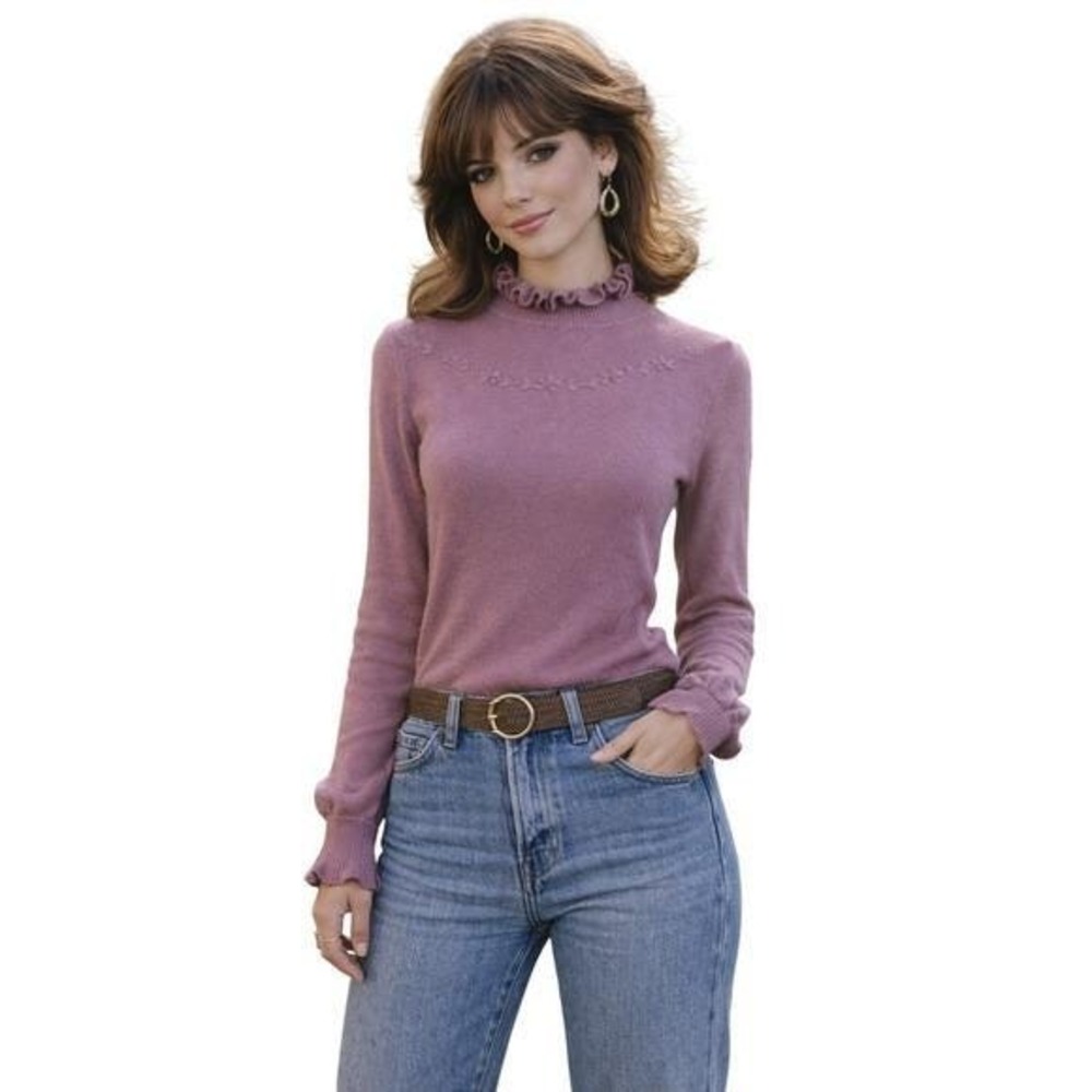 Vintage 70s Private Line Mauve Ruffle Mock Neck‎ Embroidered Sweater